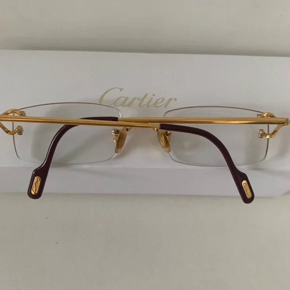 Cartier C Decor 22 K 135 Gold Plated and Burgundy Rectangle Rimless Eyewear - Picture 4 of 8